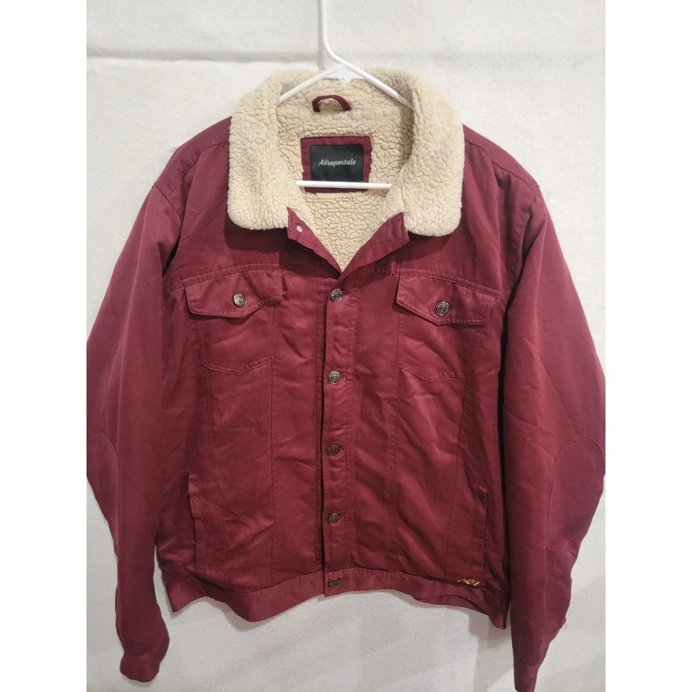 Aeropostale Mens XL Jacket Burgundy Sherpa Lined‎ Trucker Coat Maroon Fleece